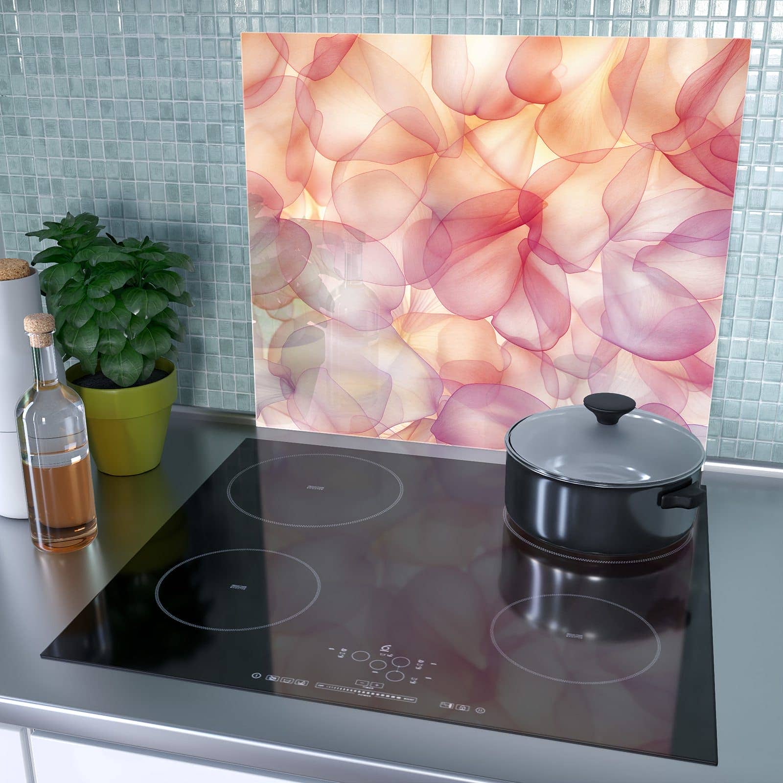 1-teilige Herdabdeckplatten für Ceranfeld mit Zarte Blütenblätter-Motiv als Spritzschutz hinter dem Kochfeld