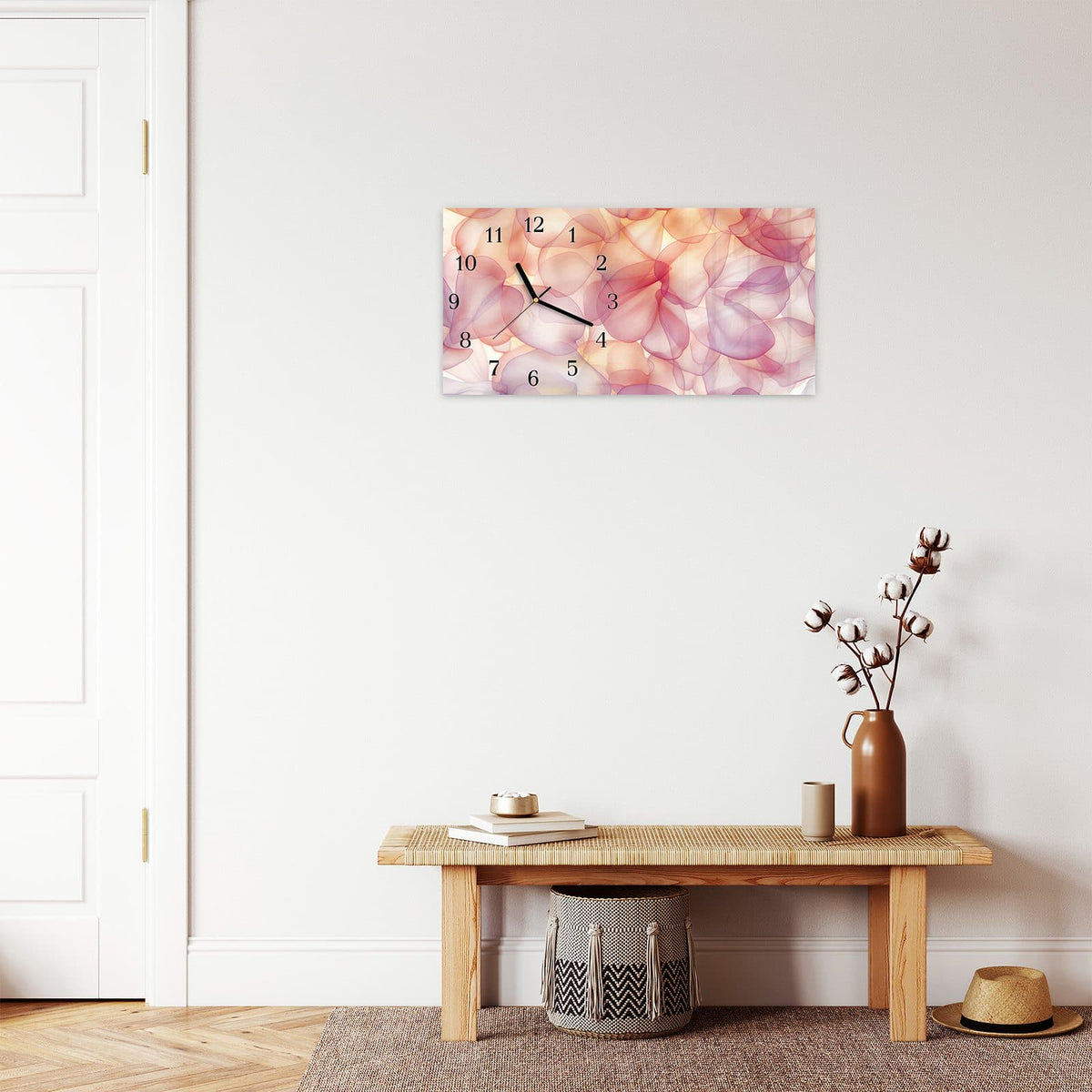 Moderne Wanduhr aus Glas mit Farbtiefe – Wanduhr Rosa Blütenblätter aus Glas – Querformat 60 × 30 cm