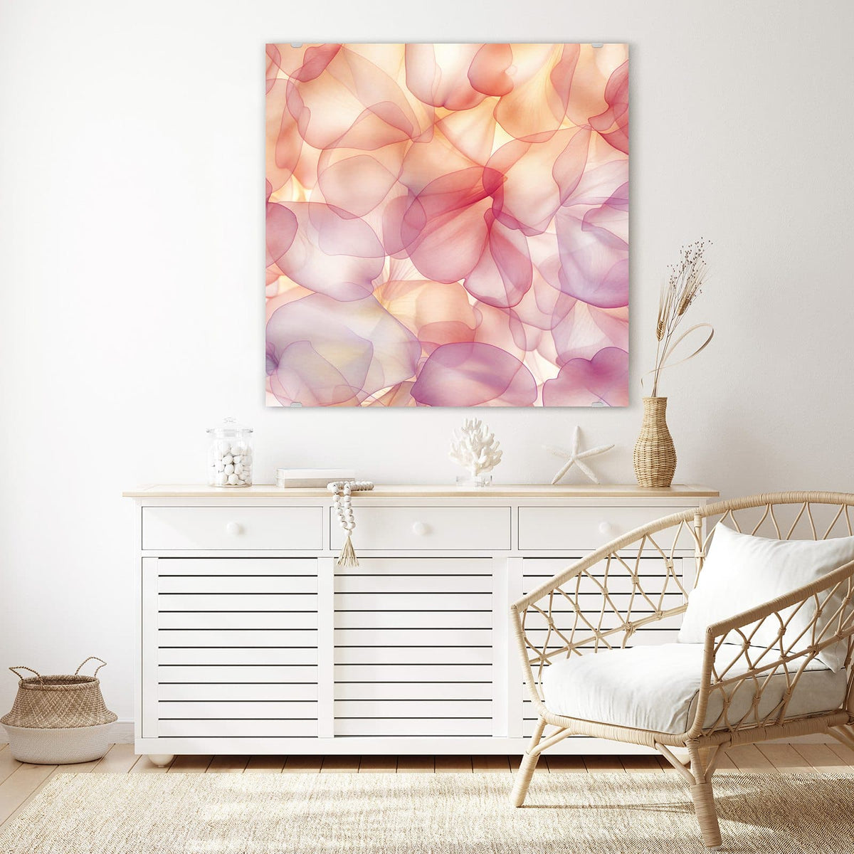 Echtglas, 4 mm – kein Acryl, keine Folie – Wandbild - Rosa Blütenblätter - Quadratisch