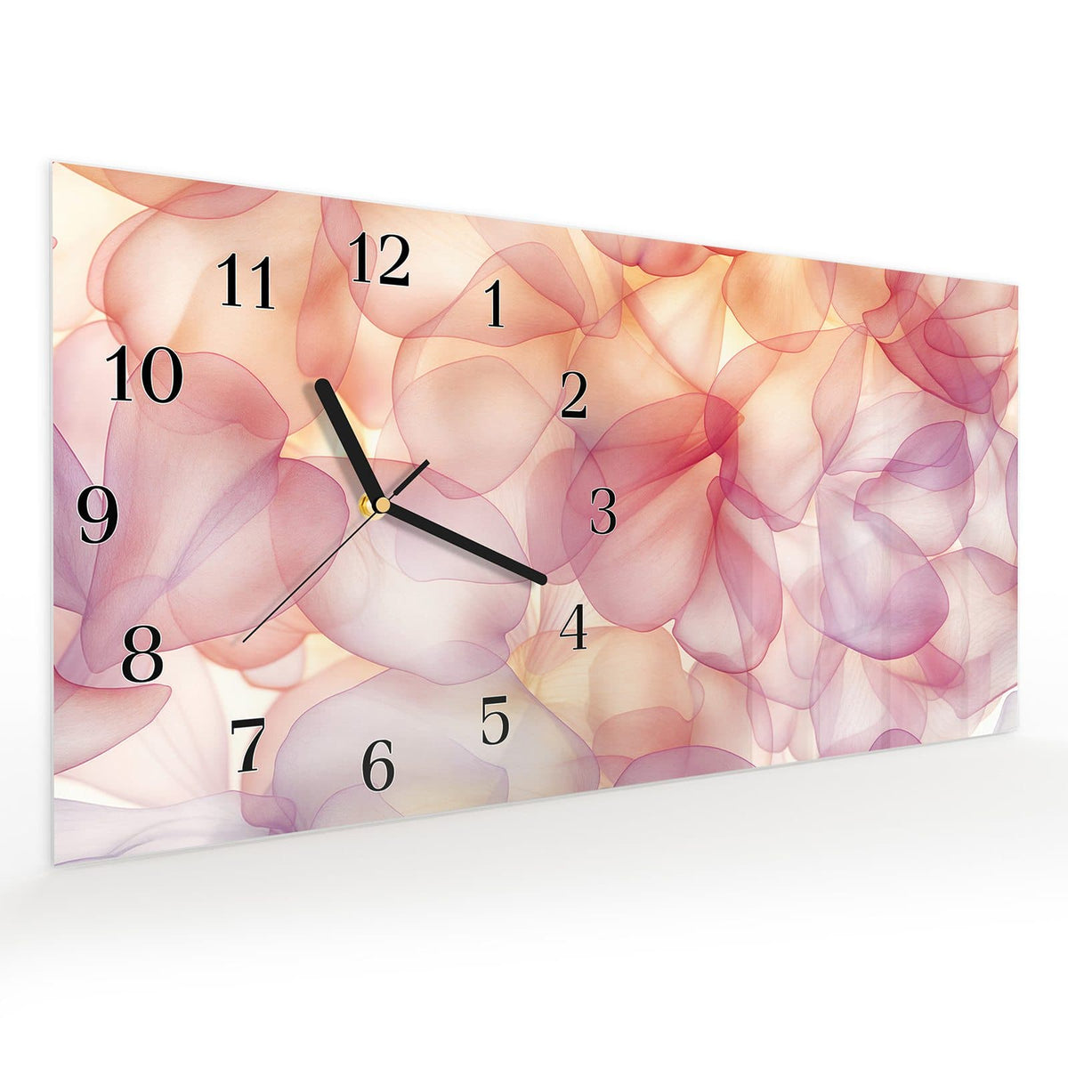 Vormontiert – mit Schwebeeffekt – Wanduhr Rosa Blütenblätter aus Glas – Querformat 60 × 30 cm