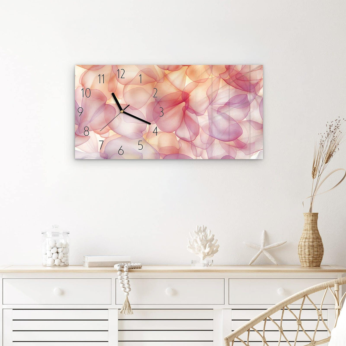 Wanduhr Rosa Blütenblätter aus Glas – Querformat 60 × 30 cm – Fließende Formen in Rosa