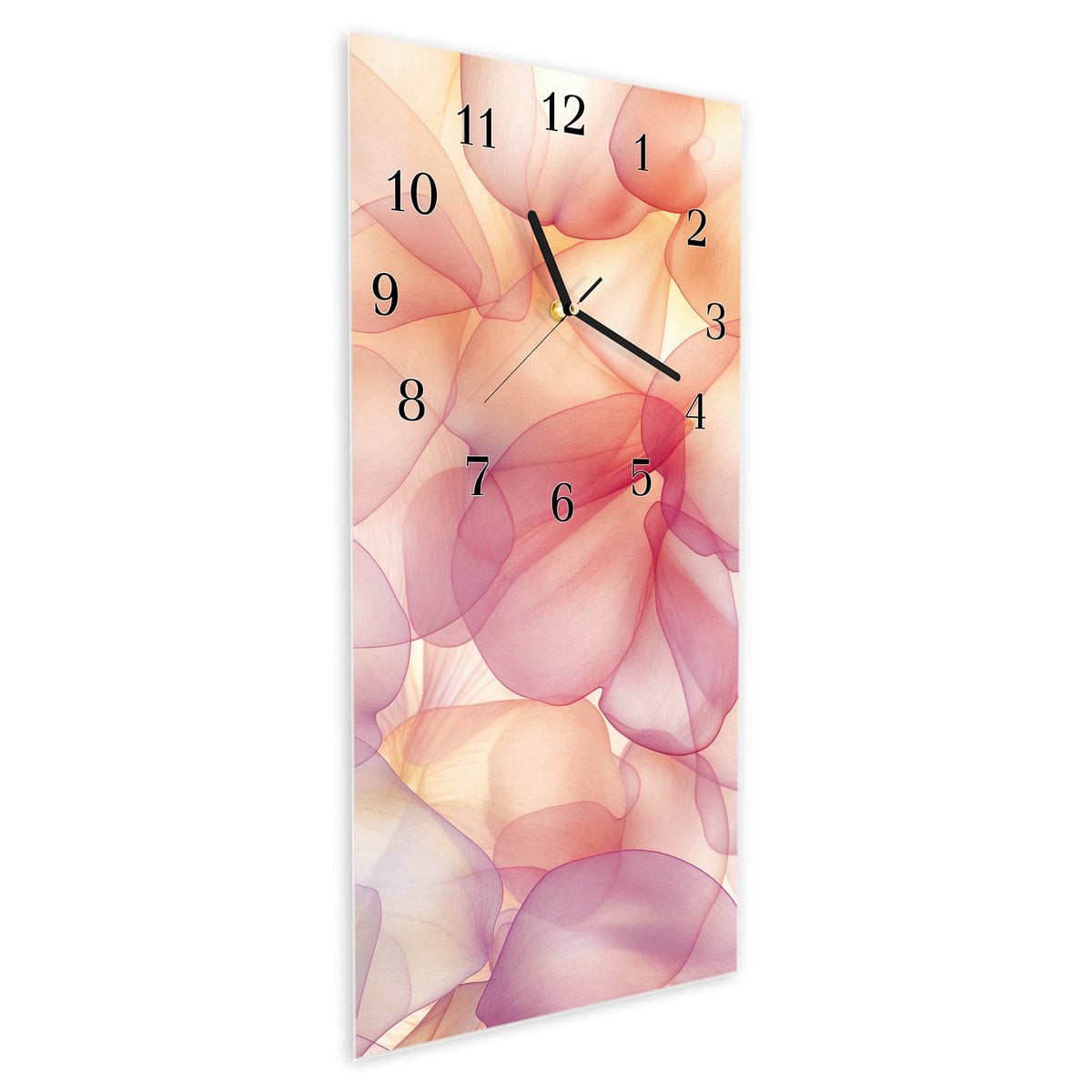 Vormontiert – mit Schwebeeffekt – Wanduhr Zarte Blütenblätter aus Glas – Hochformat 30 × 60 cm