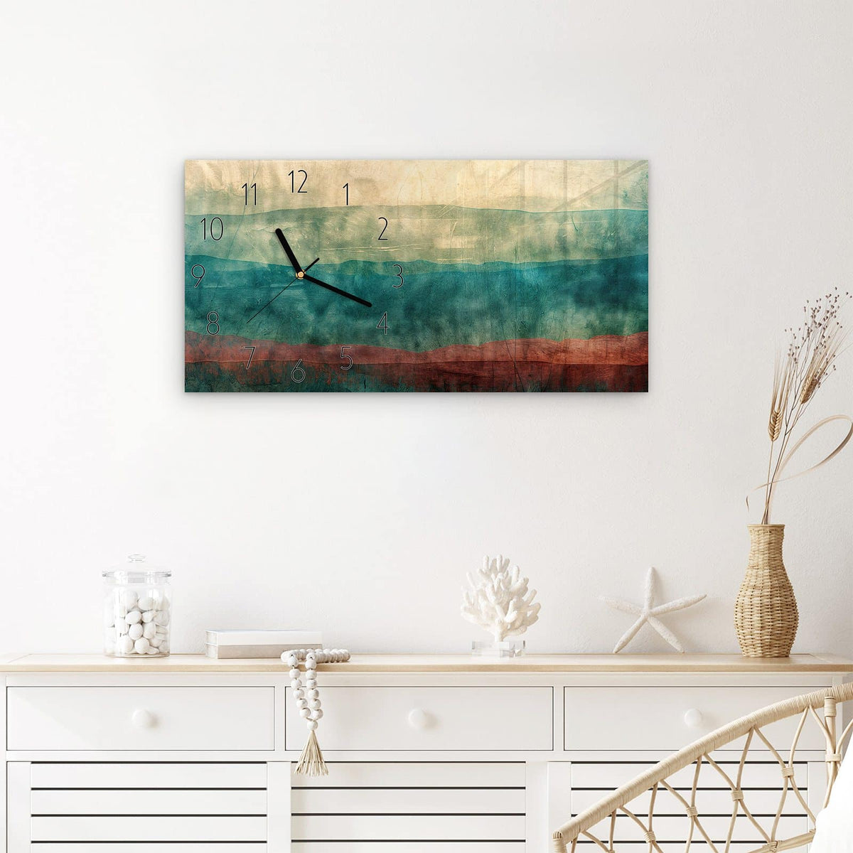 Wanduhr Verwaschene Streifen aus Glas – Querformat 60 × 30 cm – Horizontale Farbbänder in Erdtönen