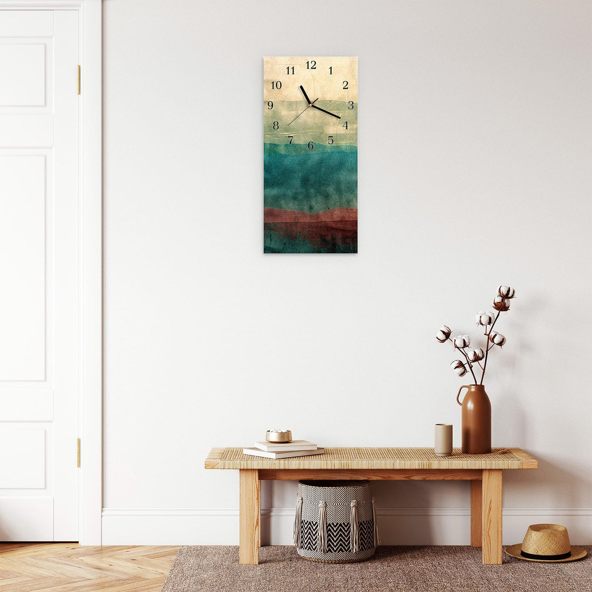 Moderne Wanduhr aus Glas mit Farbtiefe – Wanduhr Verwaschene Streifen aus Glas – Hochformat 30 × 60 cm