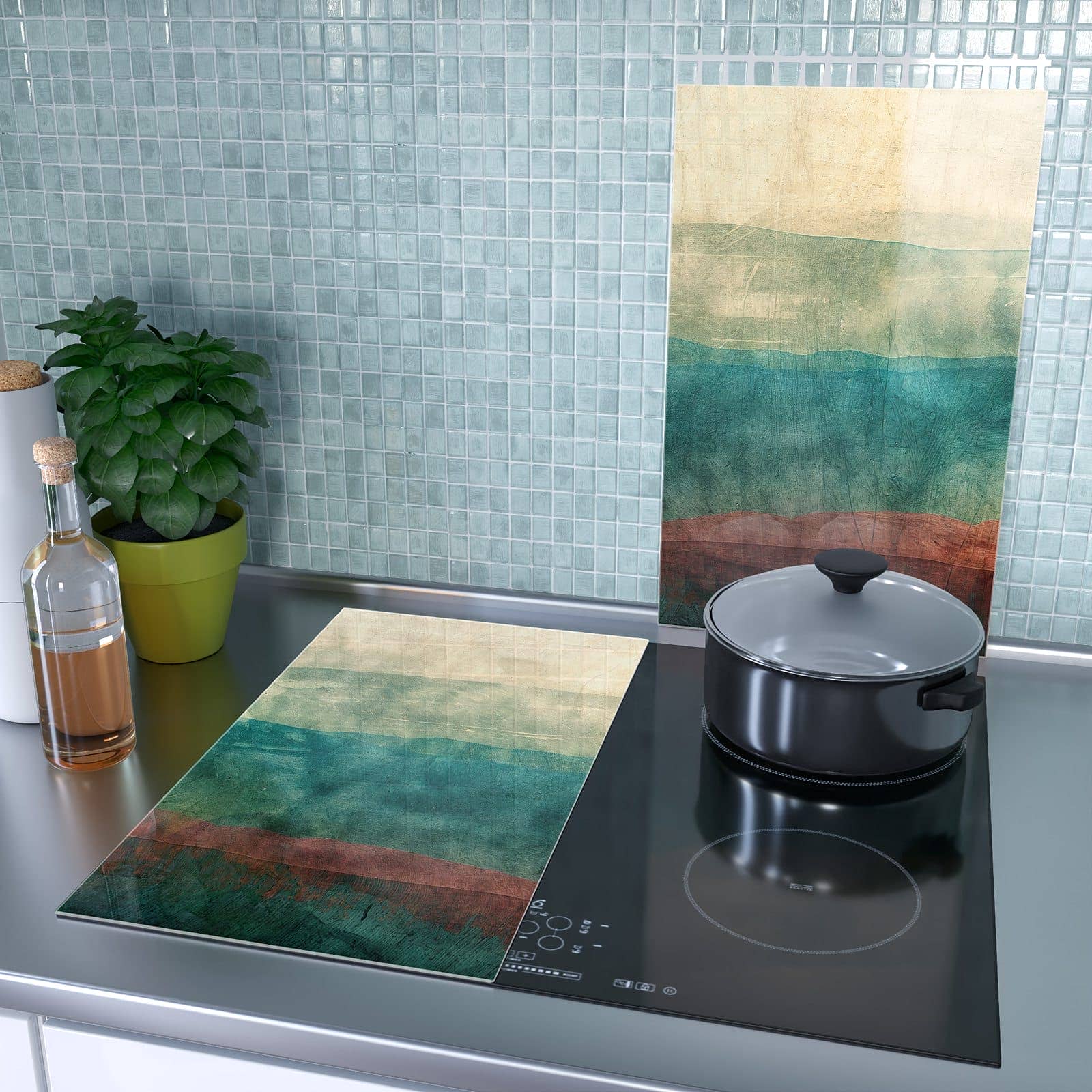 2-teilige Herdabdeckplatten mit Verwaschene Streifen-Motiv als Spritzschutz hinter dem Kochfeld