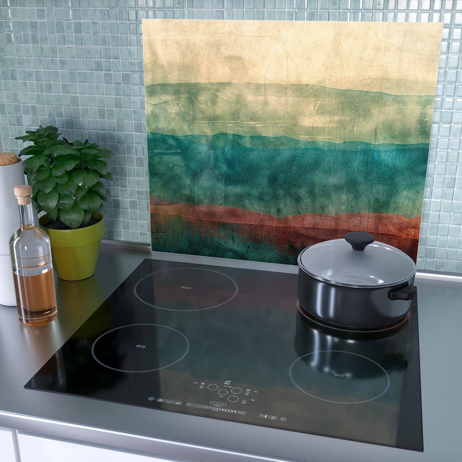 1-teilige Herdabdeckplatte aus Glas mit Verwaschene Streifen-Motiv als Spritzschutz hinter dem Kochfeld