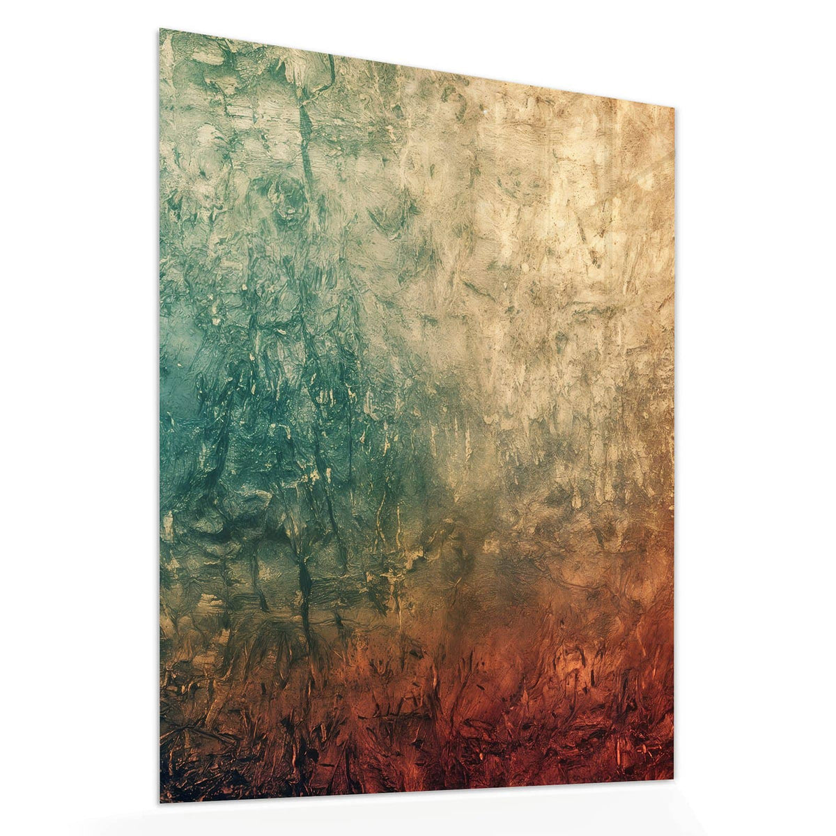 Echtglas, 4 mm – kein Acryl, keine Folie – Wandbild - Türkis und Rost - Hochformat