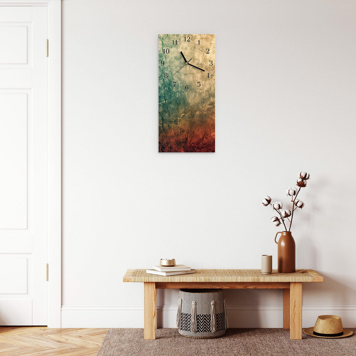 Moderne Wanduhr aus Glas mit Farbtiefe – Wanduhr Strukturierte Farbe aus Glas – Hochformat 30 × 60 cm