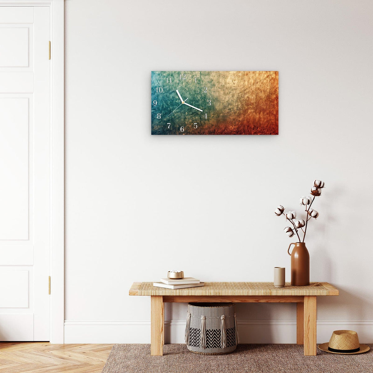Moderne Wanduhr aus Glas mit Farbtiefe – Wanduhr Strukturierte Farbe aus Glas – Querformat 60 × 30 cm