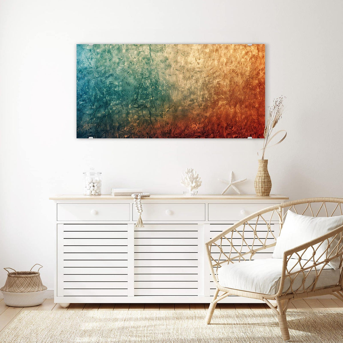 Echtglas, 4 mm – kein Acryl, keine Folie – Wandbild - Türkis und Rost - Querformat