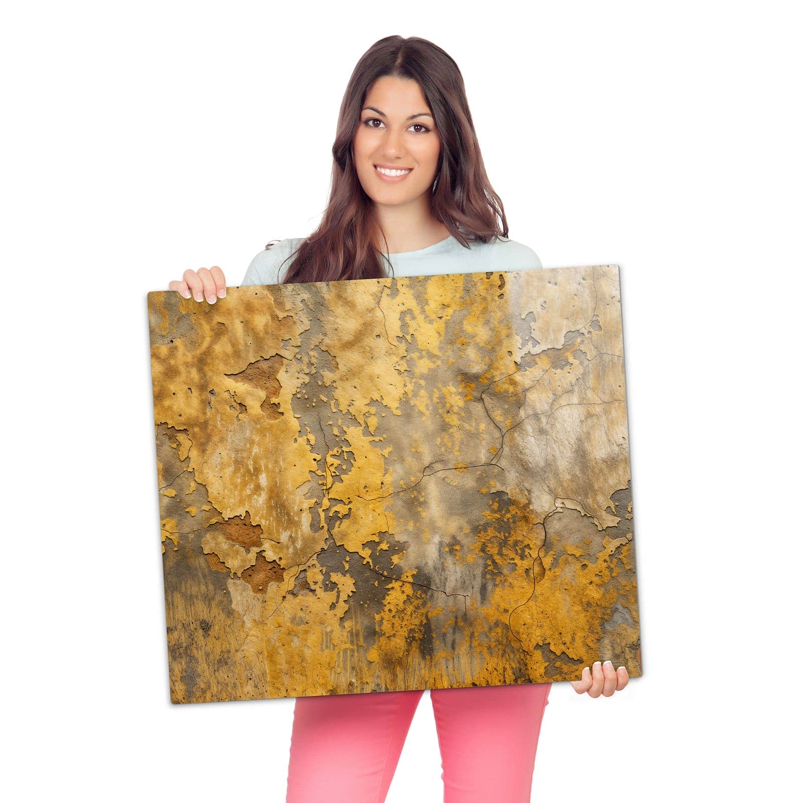 1-teilige Herdabdeckplatte aus Glas mit Verwitterte Backsteinwand-Motiv wird zur Größendarstellung gehalten