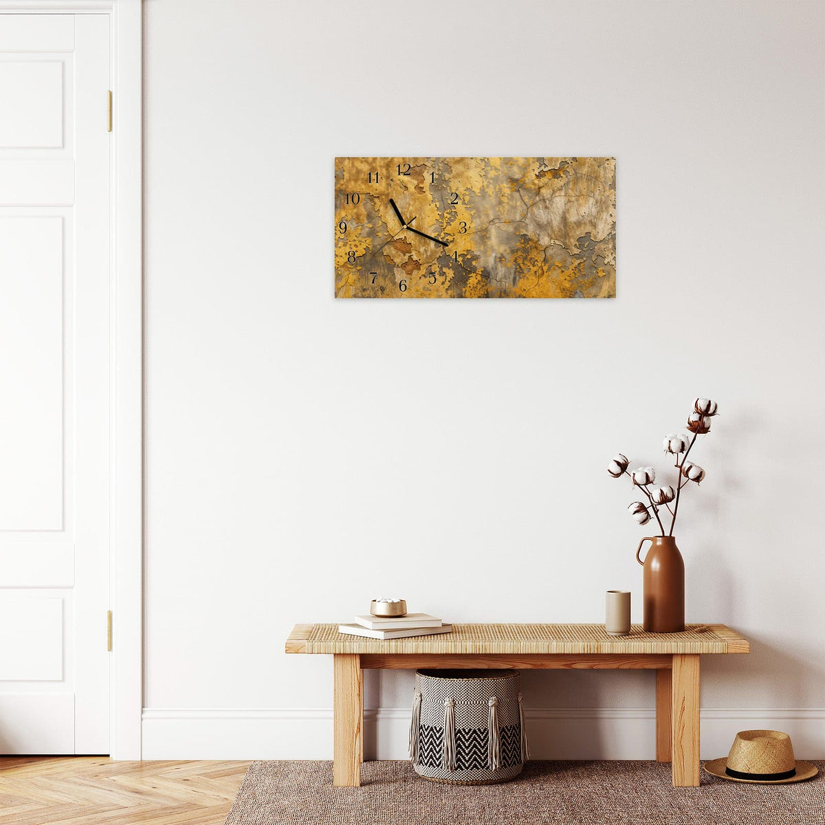 Moderne Wanduhr aus Glas mit Farbtiefe – Wanduhr Verwitterte Backsteinwand aus Glas – Querformat 60 × 30 cm