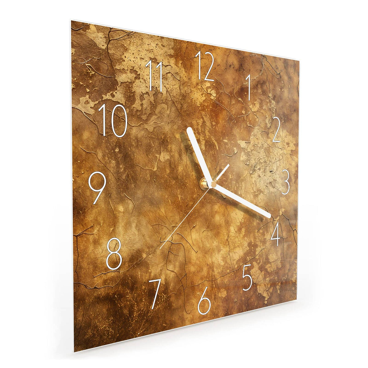Quadratische Wanduhr aus Glas Risse in Ockerbraun schräg von der Seite, 4 mm starkes Glas