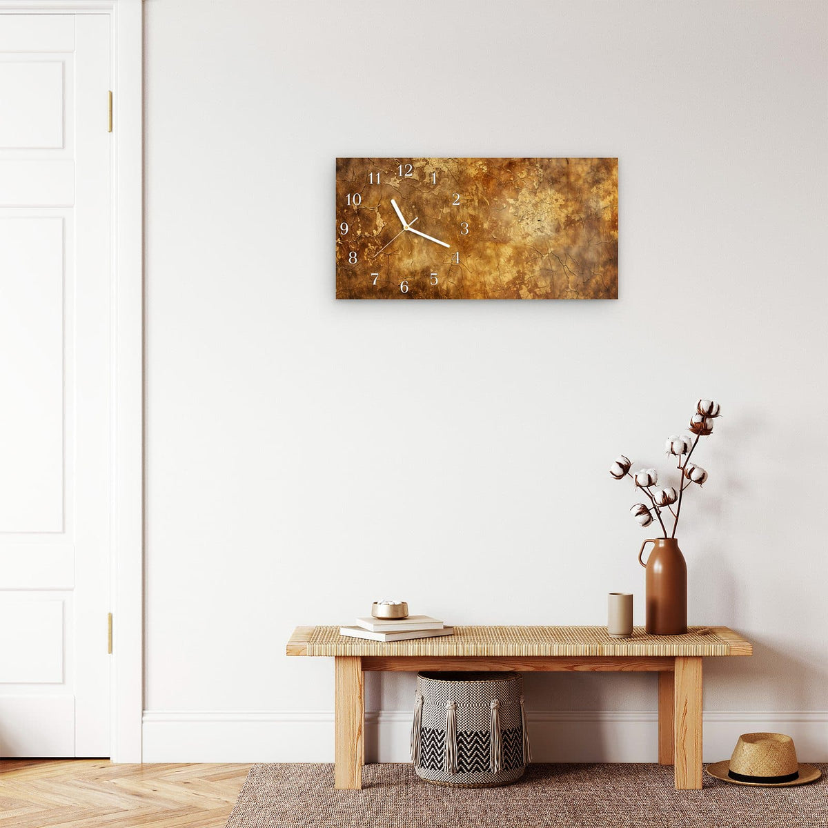 Moderne Wanduhr aus Glas mit Farbtiefe – Wanduhr Verwitterter Putz aus Glas – Querformat 60 × 30 cm