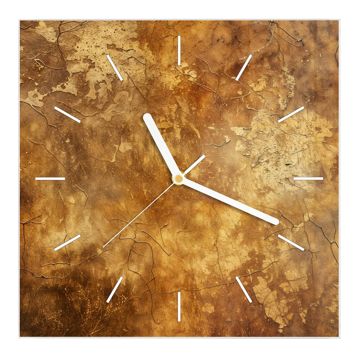 Wanduhr aus Glas, Ziffernblatt Linie mit Motiv Risse in Ockerbraun: Warm ockerbraune, wolkig fleckige Fläche mit feinen dunklen Rissadern