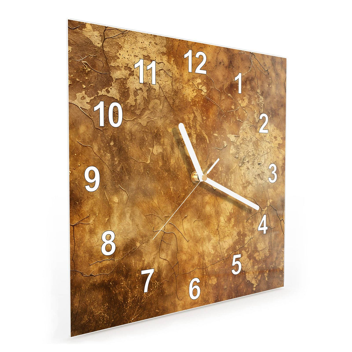 Quadratische Wanduhr aus Glas Risse in Ockerbraun schräg von der Seite, 4 mm starkes Glas