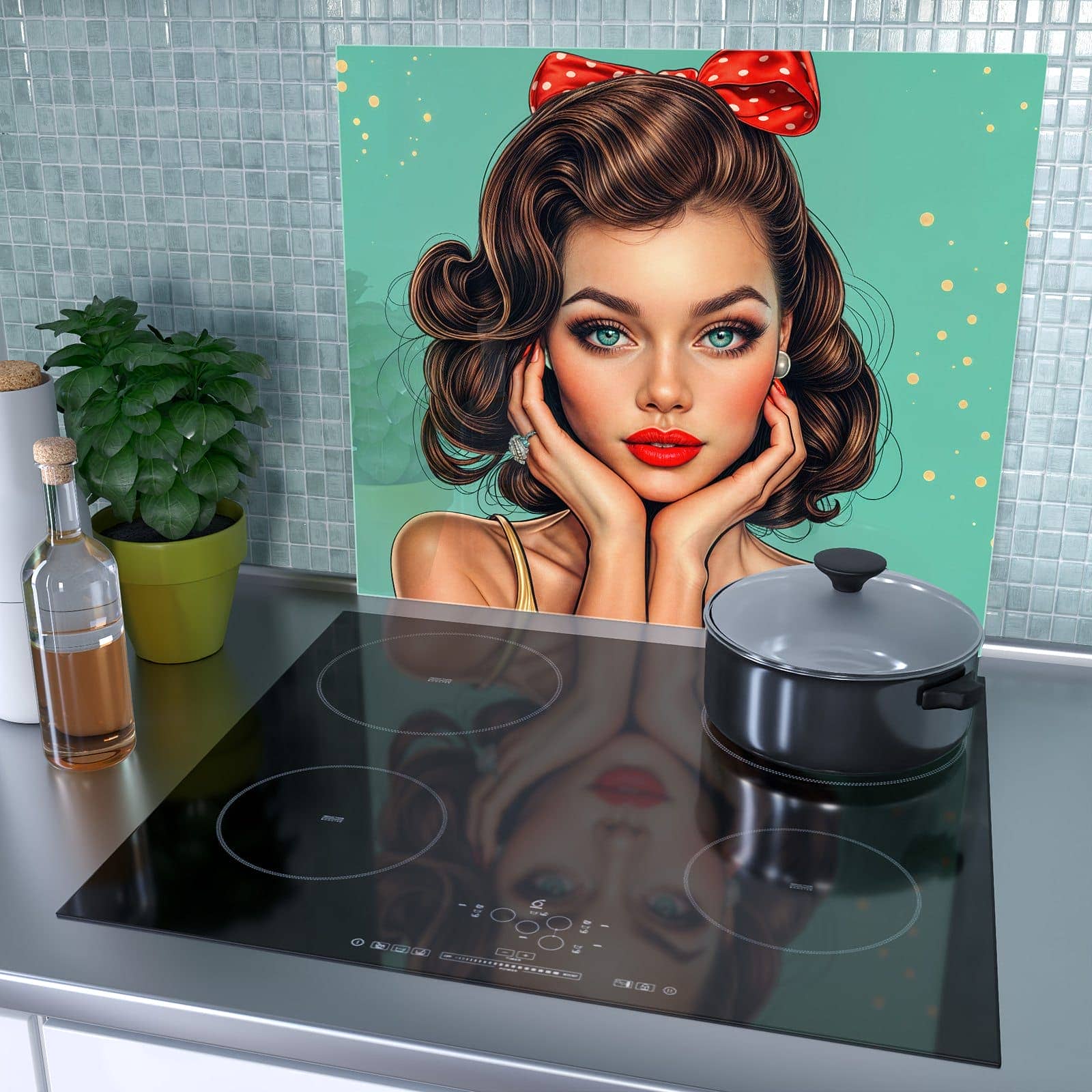 1-teilige Abdeckplatten für den Herd mit Retro Schönheit-Motiv als Spritzschutz hinter dem Kochfeld