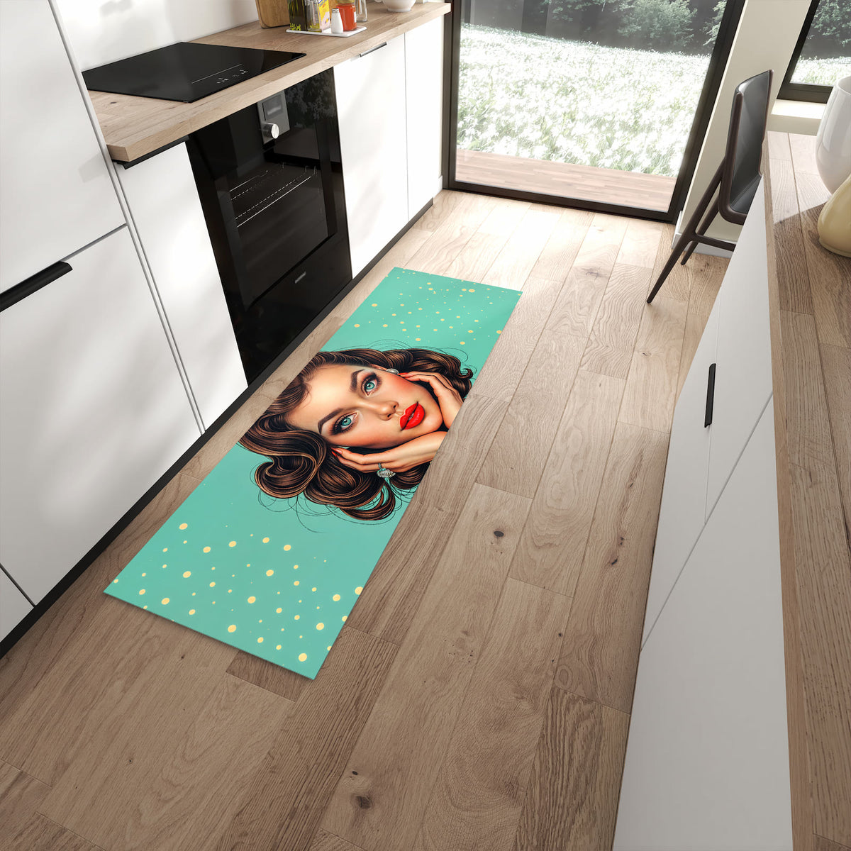 Geruchsneutraler Bodenläufer Teppich mit Motiv Retro Schönheit in moderner Küche