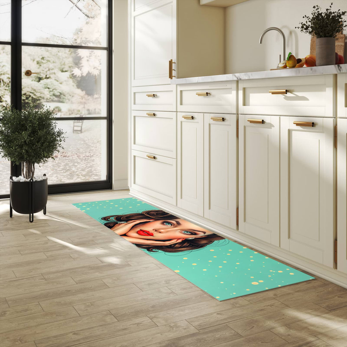 Geruchsneutraler langer Teppich mit Motiv Retro Schönheit in heller Küche