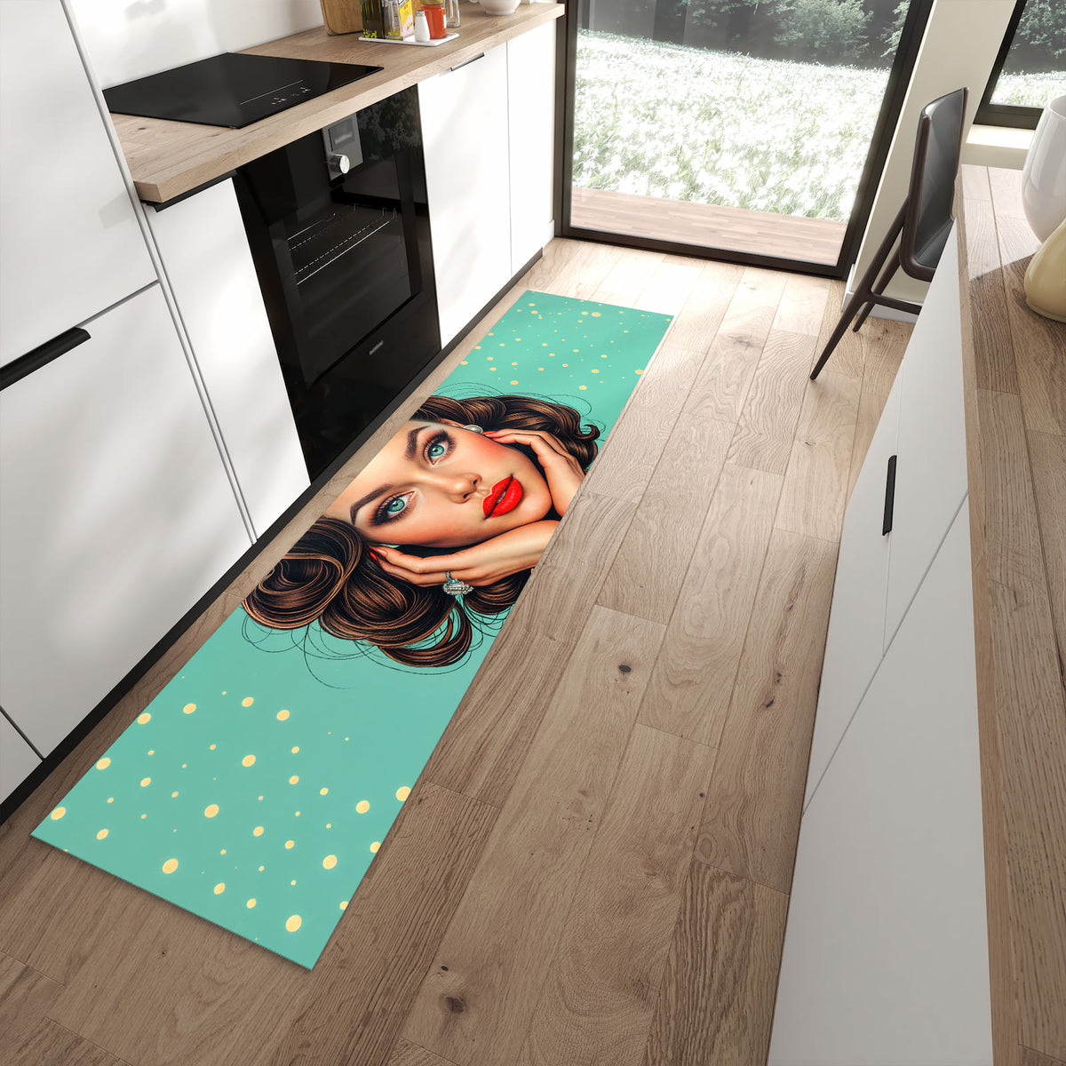 Langlebiger Küchenteppich mit Motiv Retro Schönheit in moderner Küche