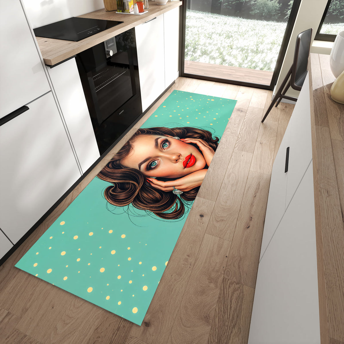 Leicht zu reinigender Küchenteppich mit Motiv Retro Schönheit in moderner Küche