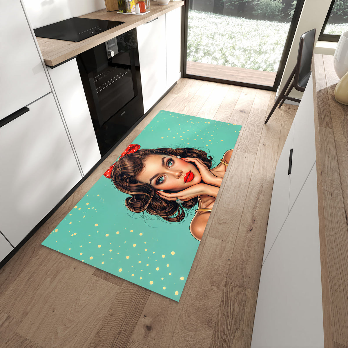 Strapazierfähiger rutschfester Küchenteppich mit Motiv Retro Schönheit in moderner Küche