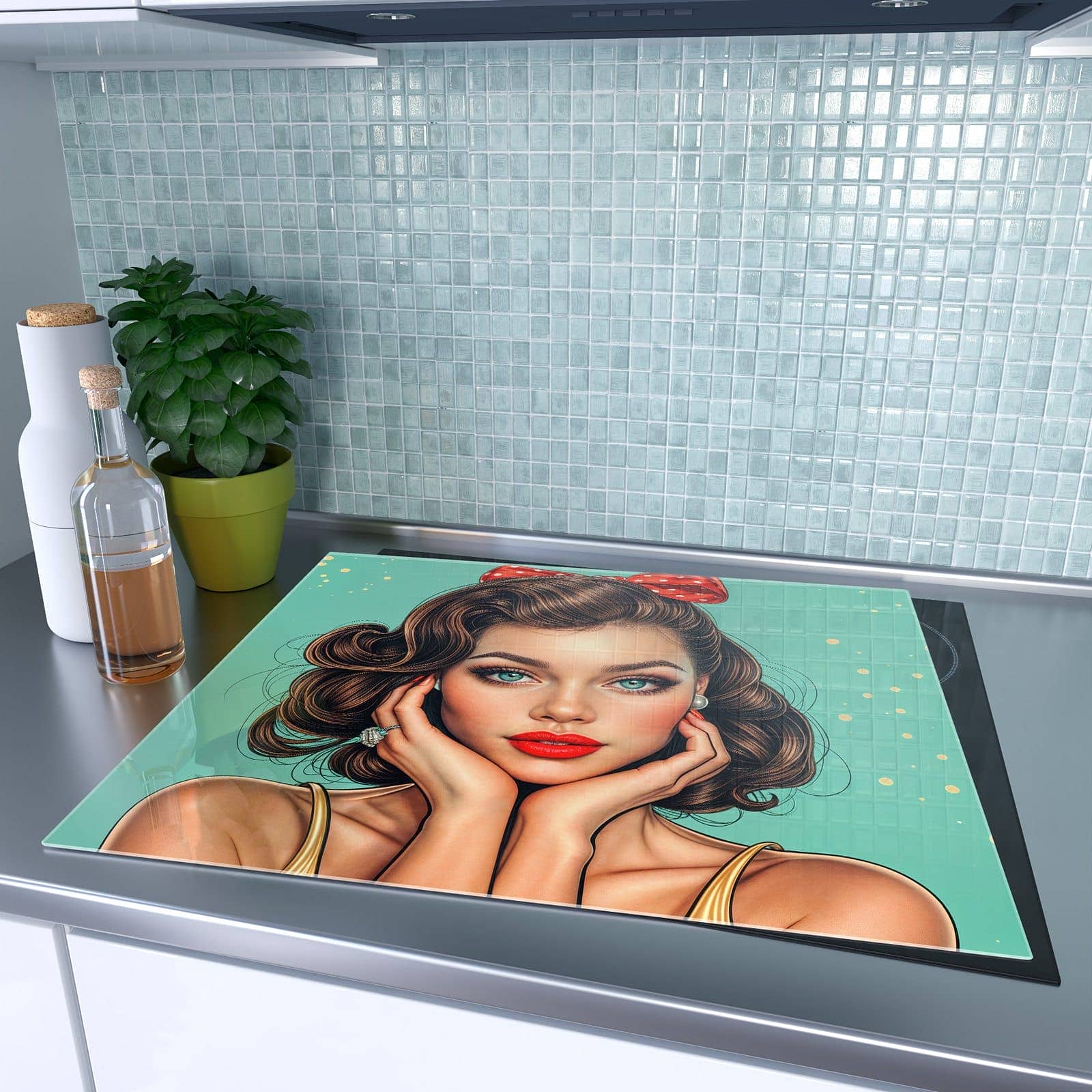 1-teilige Ceranfeld Abdeckplatten mit Retro Schönheit-Motiv auf dem Ceranfeld