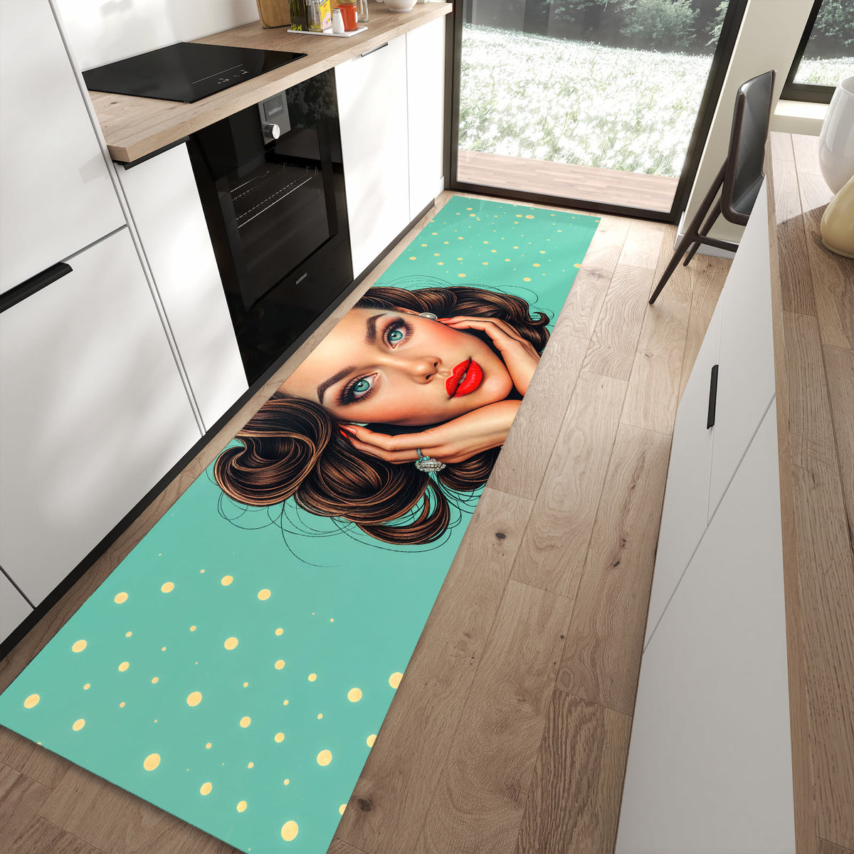 Hygienischer großer Küchenteppich mit Motiv Retro Schönheit in moderner Küche