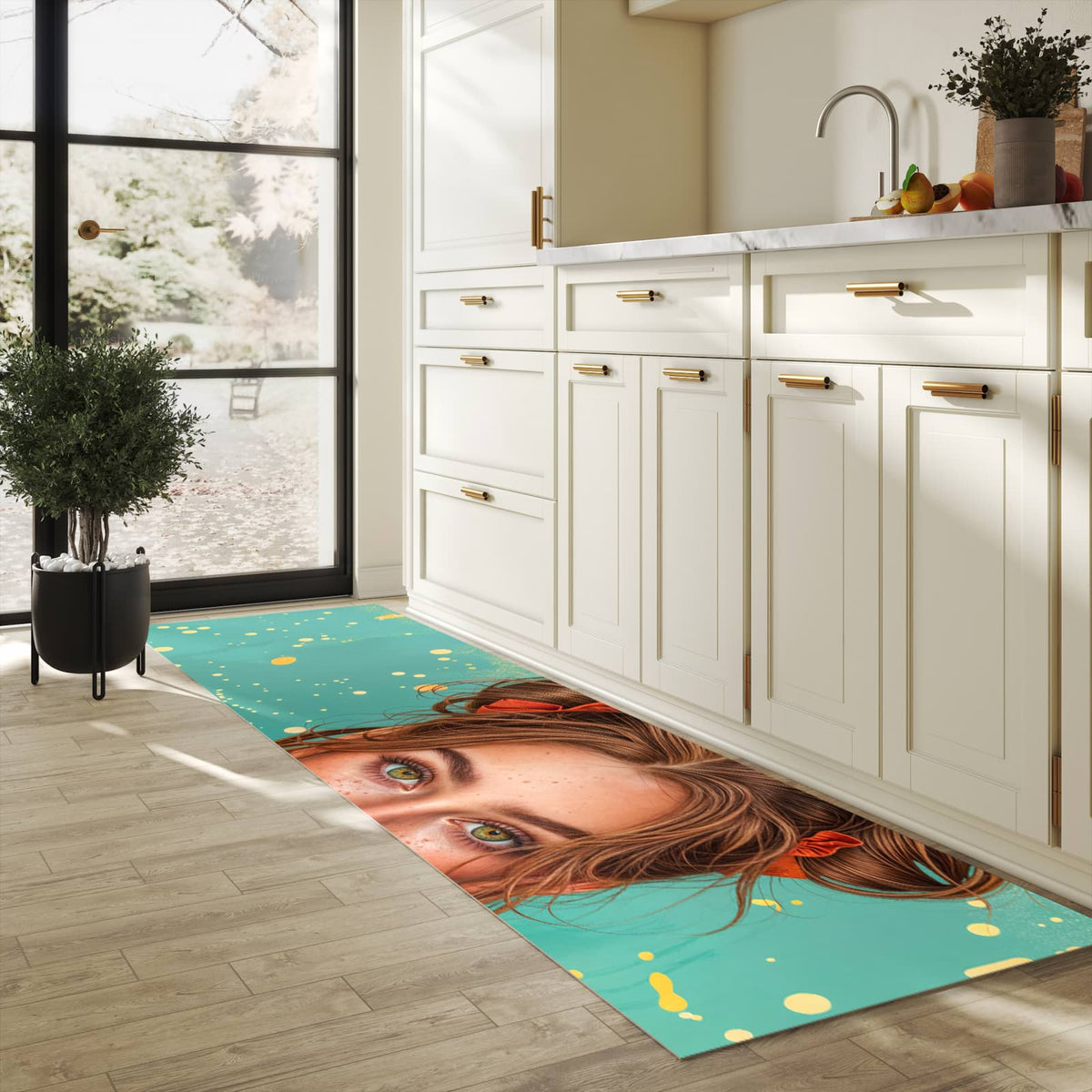 Abriebfester waschbarer Teppich Küche mit Motiv Frau Mit Lollipop in heller Küche