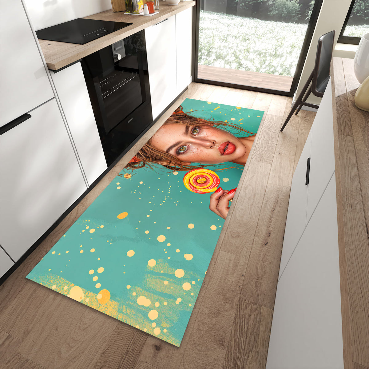 Wasserabweisender Teppich für Esstisch mit Motiv Frau Mit Lollipop in moderner Küche
