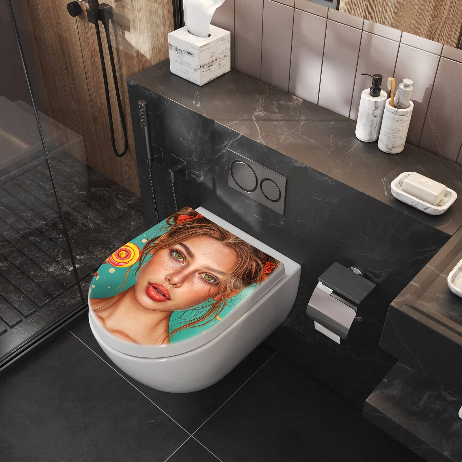 WC-Sitz mit Absenkautomatik Frau Mit Lollipop