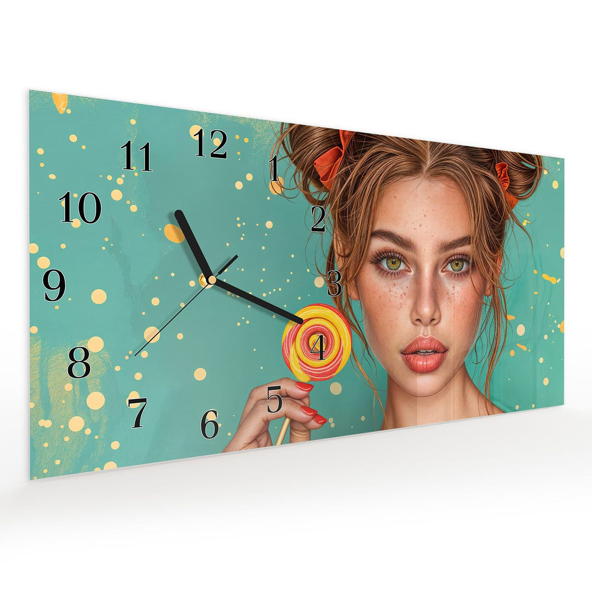 Vormontiert – mit Schwebeeffekt – Wanduhr Frau Mit Lollipop aus Glas – Querformat 60 × 30 cm