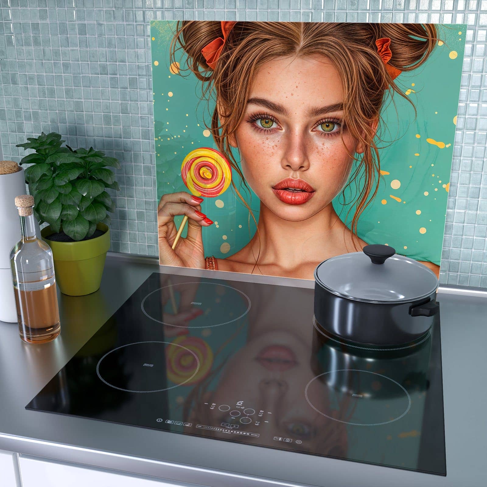 1-teilige Glasplatte für Herd mit Frau Mit Lollipop-Motiv als Spritzschutz hinter dem Kochfeld