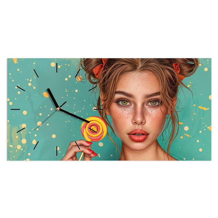 Wanduhr Frau Mit Lollipop aus Glas – Querformat 60 × 30 cm mit Ziffernblatt Linie