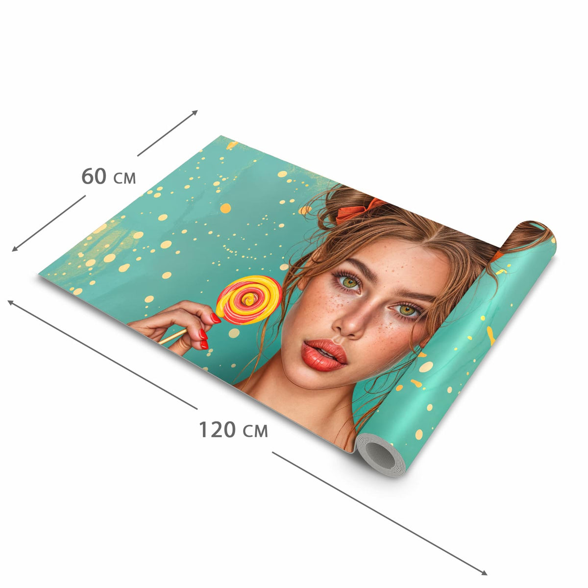 Bodenschonender waschbarer Küchenteppich mit Motiv Frau Mit Lollipop in der Grösse 80x300 cm