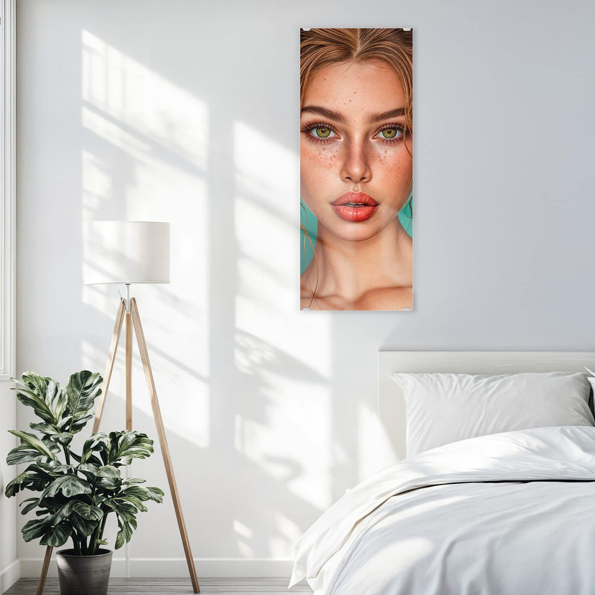 Glasbild Frau mit Lutscher an der Wand – Junge Frau mit Sommersprossen und Haarschleifen hält einen bunten Lutscher, türkiser Grund