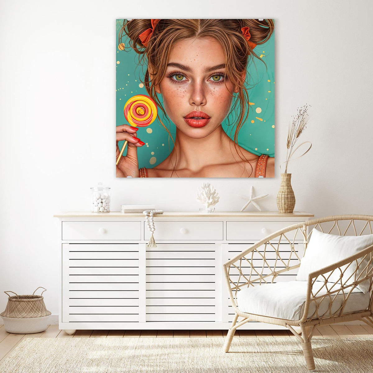 Echtglas, 4 mm – kein Acryl, keine Folie – Wandbild - Frau mit Lutscher - Quadratisch