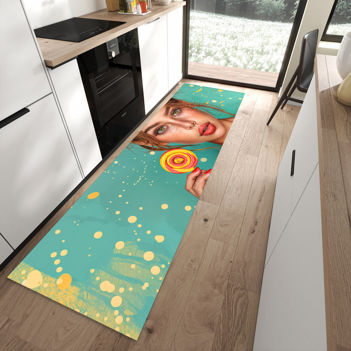 Abriebfester Küchenteppich mit Motiv Frau Mit Lollipop in moderner Küche