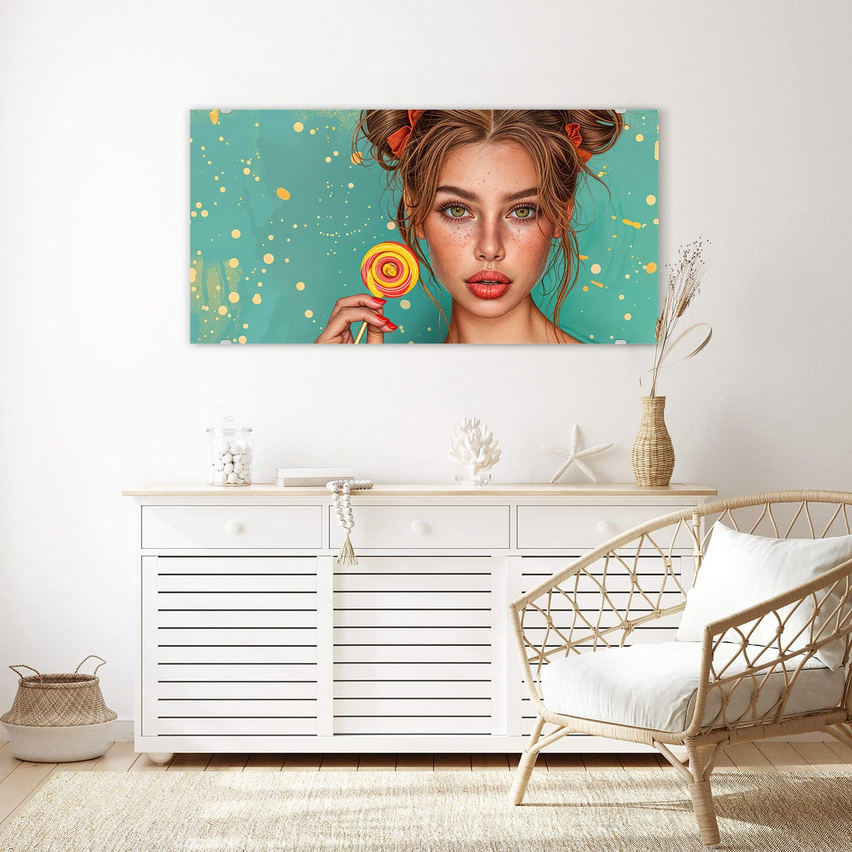 Echtglas, 4 mm – kein Acryl, keine Folie – Wandbild - Frau mit Lutscher - Querformat
