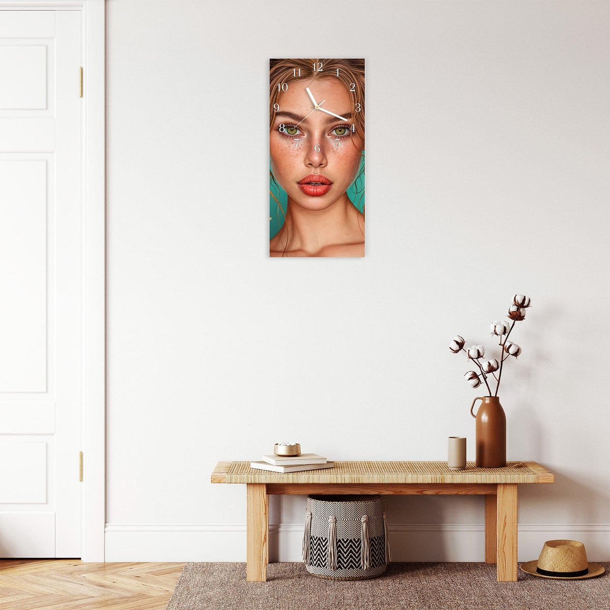 Moderne Wanduhr aus Glas mit Farbtiefe – Wanduhr Frau Mit Lollipop aus Glas – Hochformat 30 × 60 cm