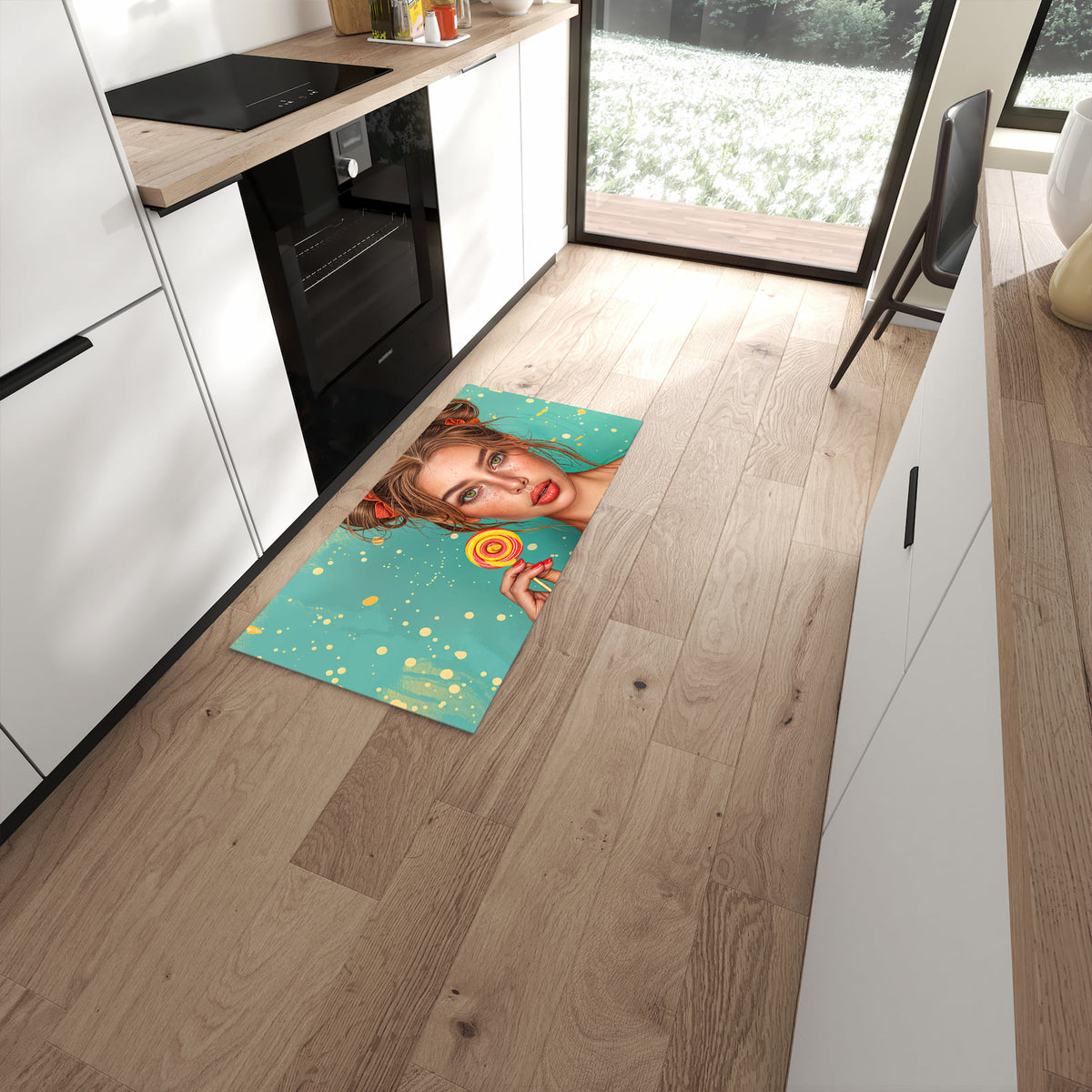 Feuchtigkeitsresistenter Küchenläufer mit Motiv Frau Mit Lollipop in moderner Küche #grösse_60 x 120 cm