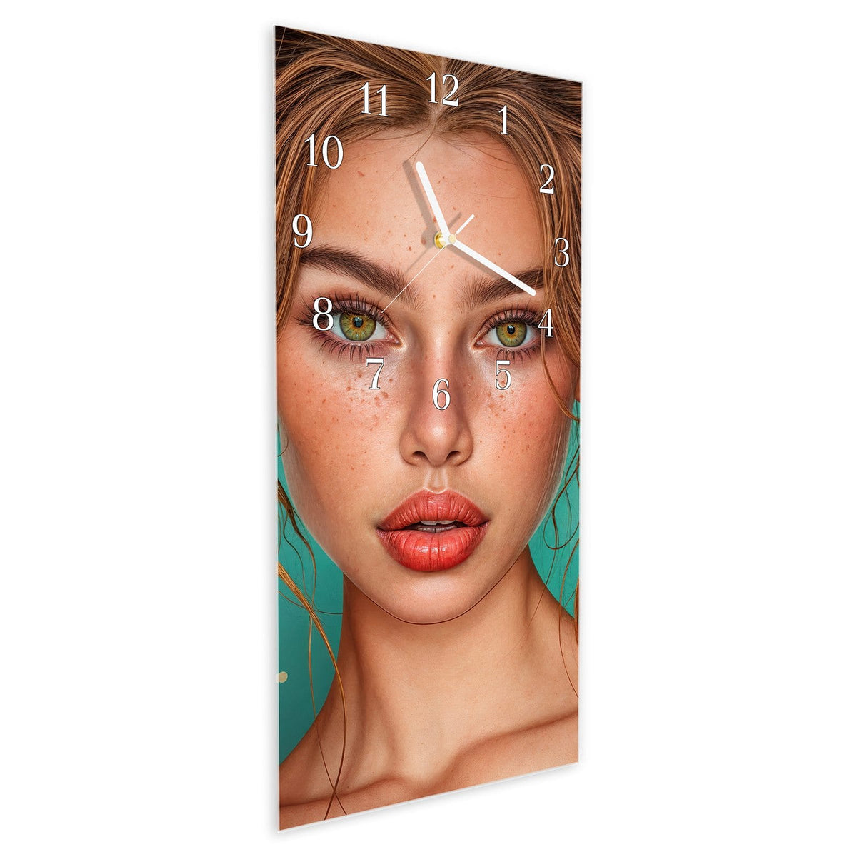 Vormontiert – mit Schwebeeffekt – Wanduhr Frau Mit Lollipop aus Glas – Hochformat 30 × 60 cm