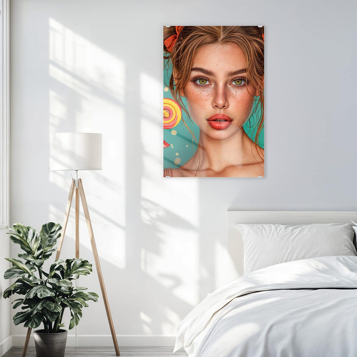 Glasbild Frau mit Lutscher an der Wand – Junge Frau mit Sommersprossen und Haarschleifen hält einen bunten Lutscher, türkiser Grund