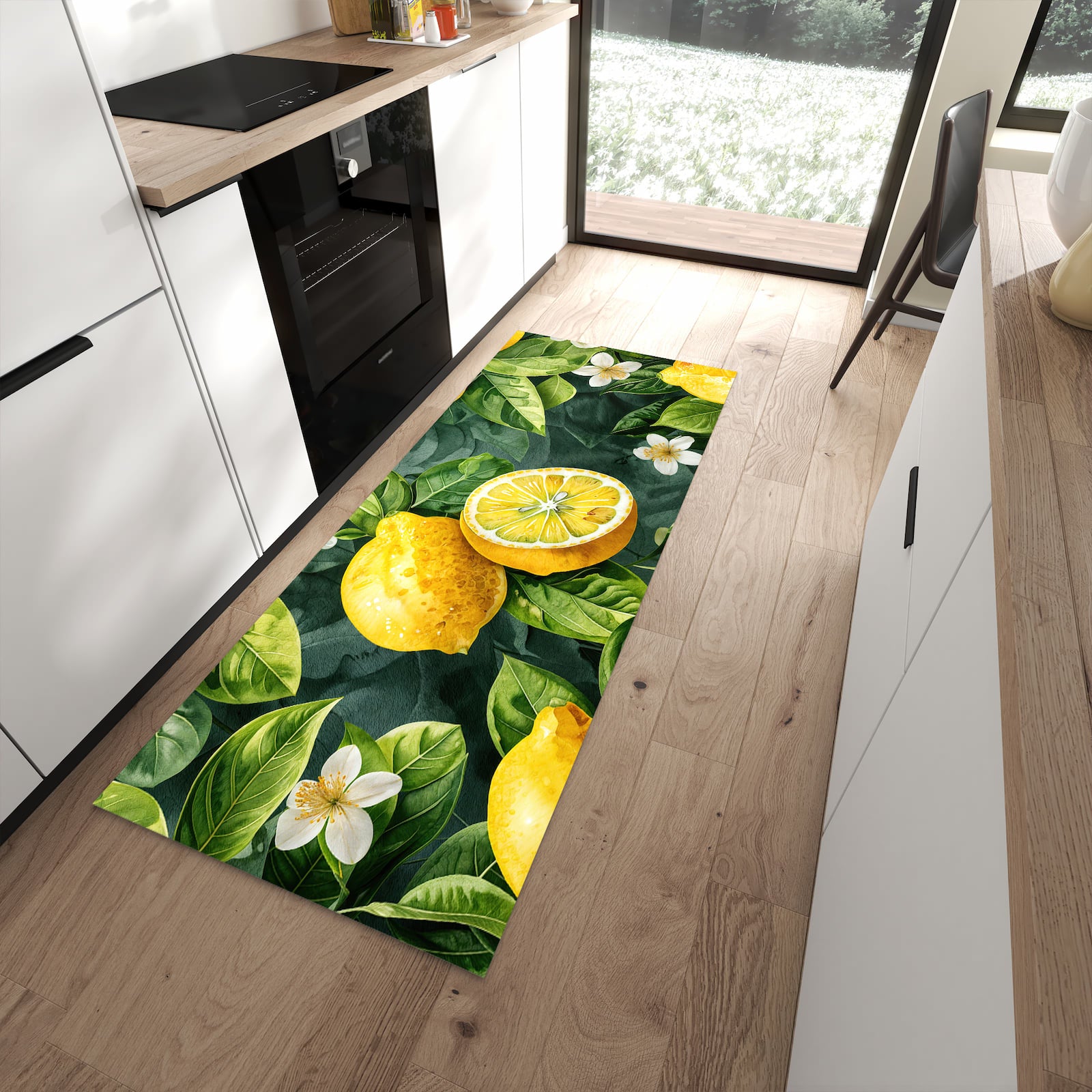 Rutschfester Küchenläufer mit Motiv Zitronenmuster für Ordnung in moderner Küche