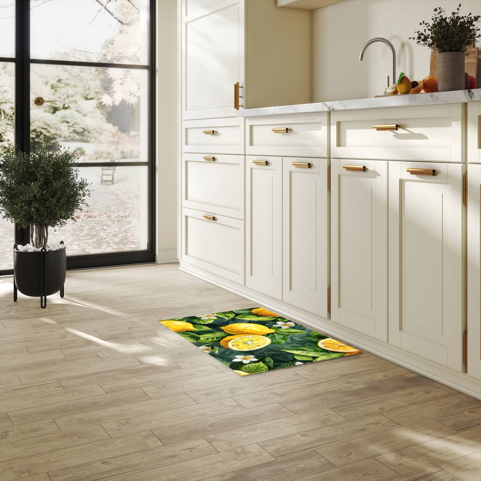Langlebiger waschbarer Küchenläufer mit Motiv Zitronenmuster in heller Küche