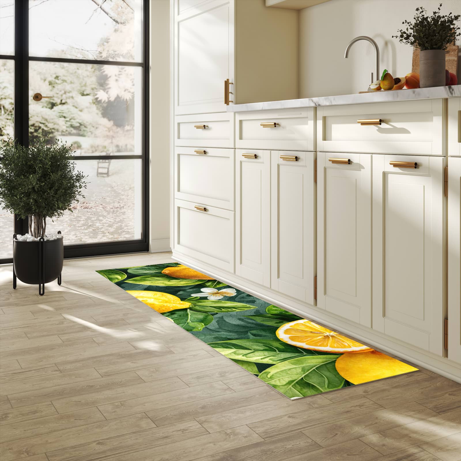 Fleckenresistenter Küchenläufer mit Motiv Zitronenmuster in heller Küche