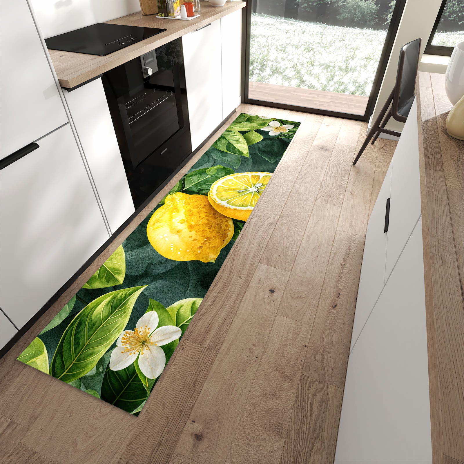 Rutschfester Küchenläufer mit Motiv Zitronenmuster in moderner Küche