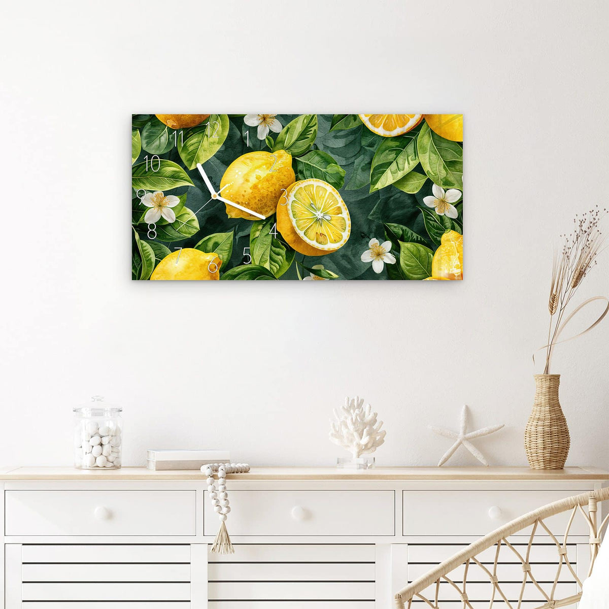 Wanduhr Zitronenmuster aus Glas – Querformat 60 × 30 cm – Zitronen zwischen grünen Blättern