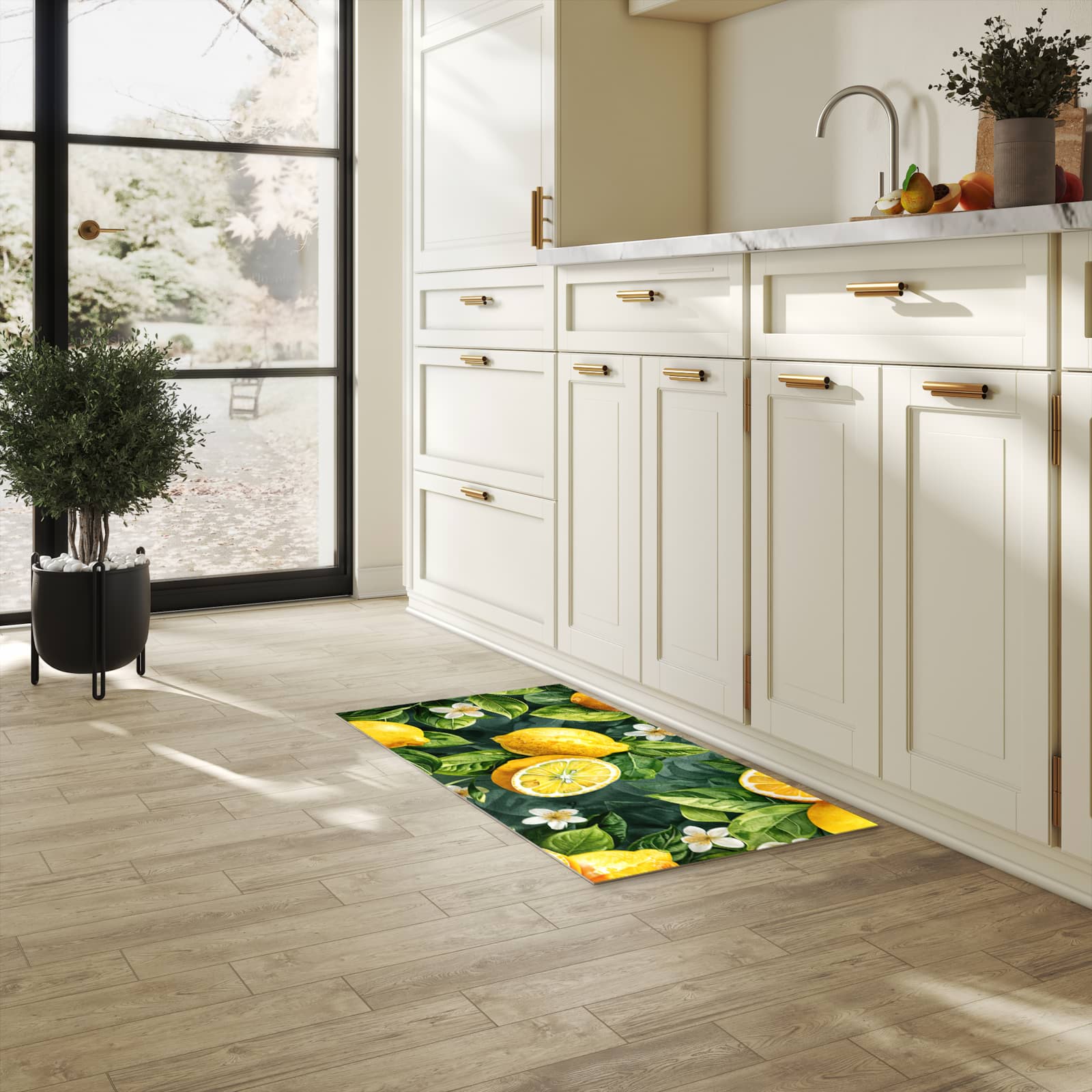 UV-beständiger Küchenläufer mit Motiv Zitronenmuster in heller Küche