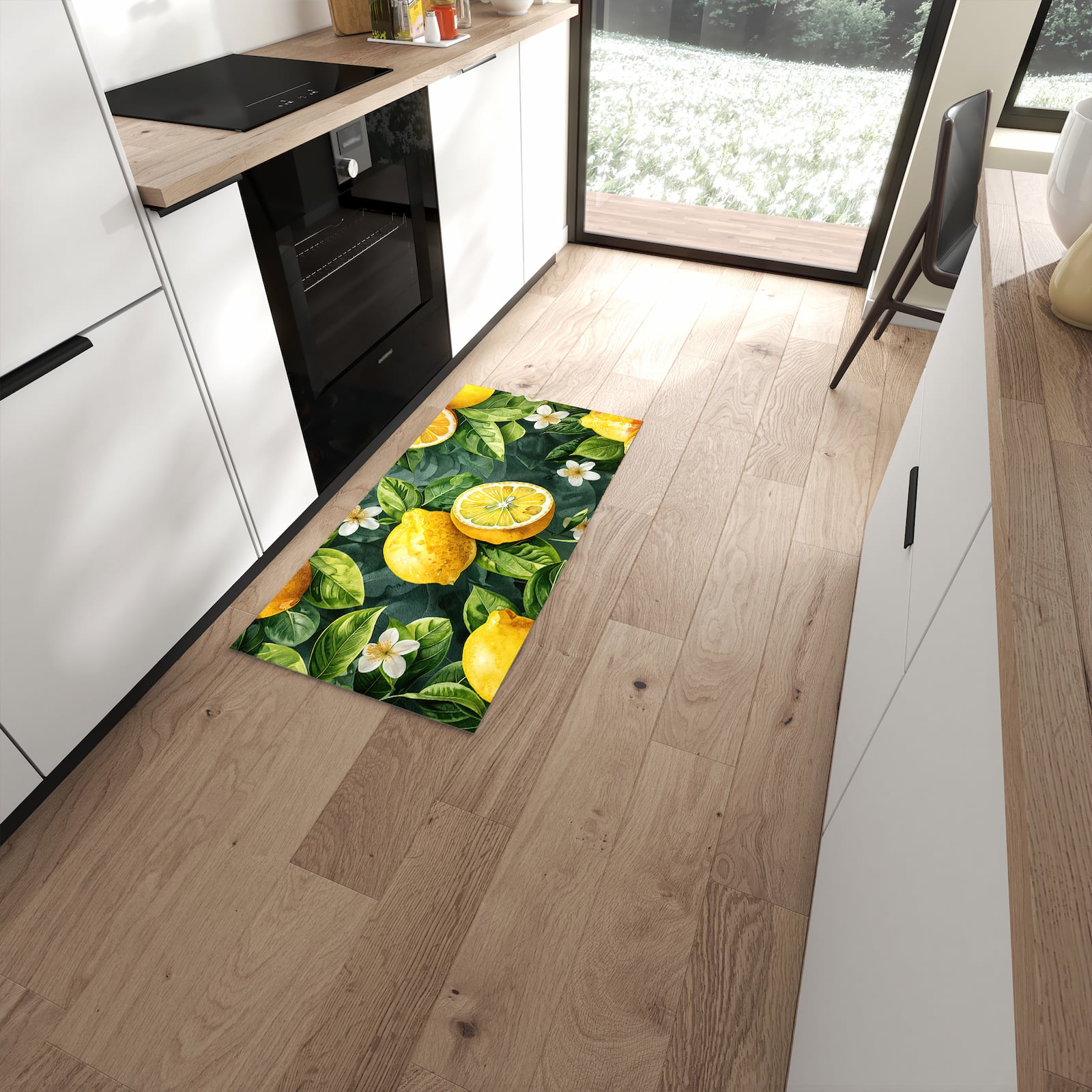 Hygienischer großer Küchenteppich mit Motiv Zitronenmuster in moderner Küche #grösse_60 x 120 cm